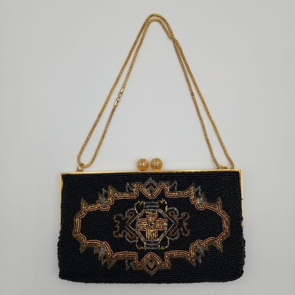 VTG Black & Gold Hand-Beaded Evening Bag Ornate Design & Chain Strap By Walborg - Picture 9 of 16